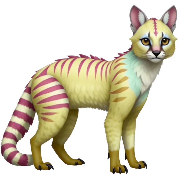 Realistic Colorful tropical tribal pale light fruity pastel exotic albino neon vibrant zigzagged fantasy-caracal-civet-genet-sergal-vernid-Gryphon-Cacomistle-Trico-oncilla-animal-Fakémon-hybrid-fursona (full body), facial markings, (realism style) emoji