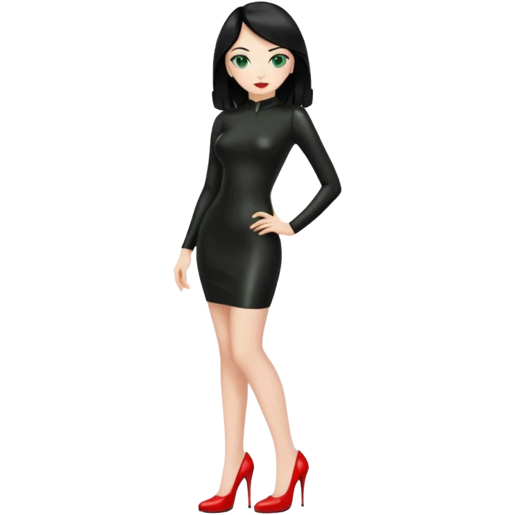 🕵🏻‍♀️💦🧥 black hair , green eyes , full body , red high heels , black latex dress , emoji