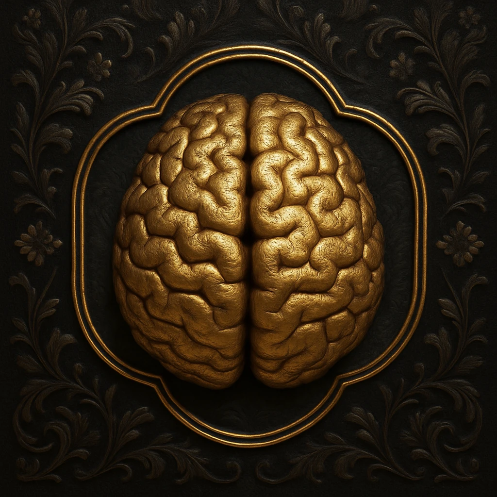 Create an ultrarealistic emoji in the style of the reference image: a 3D metallic old gold brain symbolizing common sense, with a dark black background featuring high-definition Victorian silk patterns and gothic florals. The brain is the main symbol, classic, arcane, and mysterious, inside a thin ornate frame that follows the brain's shape, giving the interior a spotlight effect. The overall look should be classic, mysterious, and elegant, matching the ornate, metallic, and high-contrast style of the reference. emoji