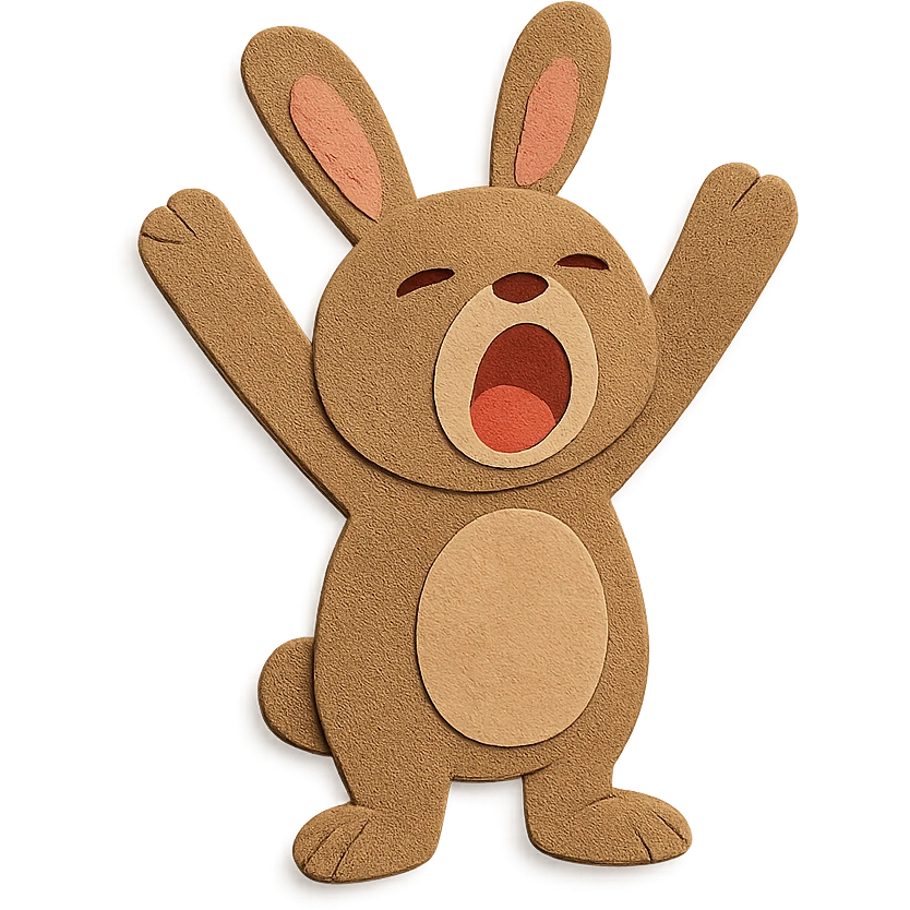 full-body brown bunny arms overhead yawning emoji