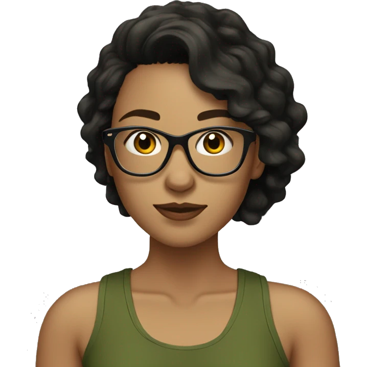 white skined woman with wavy black hair with a olive green tank top with glasses tortoise  emoji