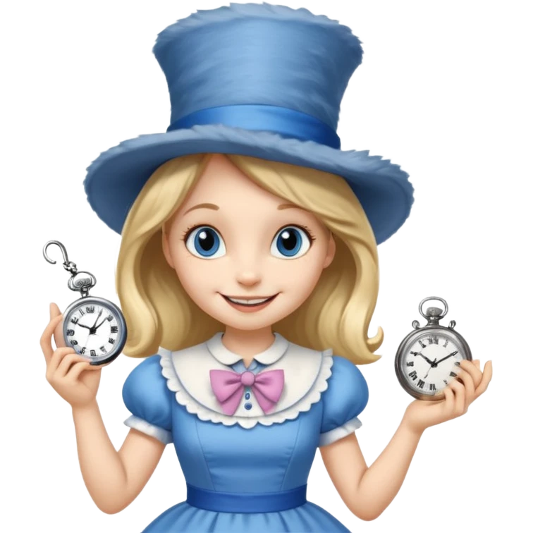 Alice in wonderland cat pointing at a pocket watch wearing a hat emoji