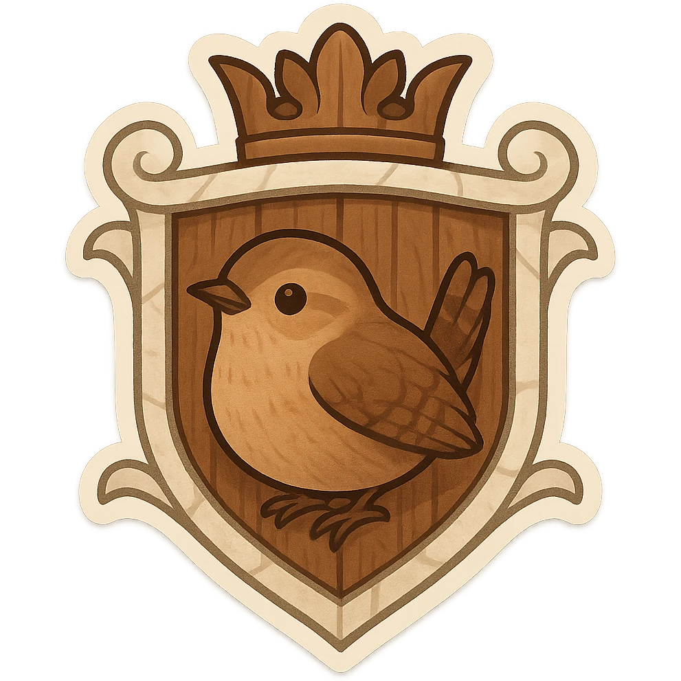 fantasy crest featuring a wren, wood textures, alabaster stone, heraldic style, emoji style emoji