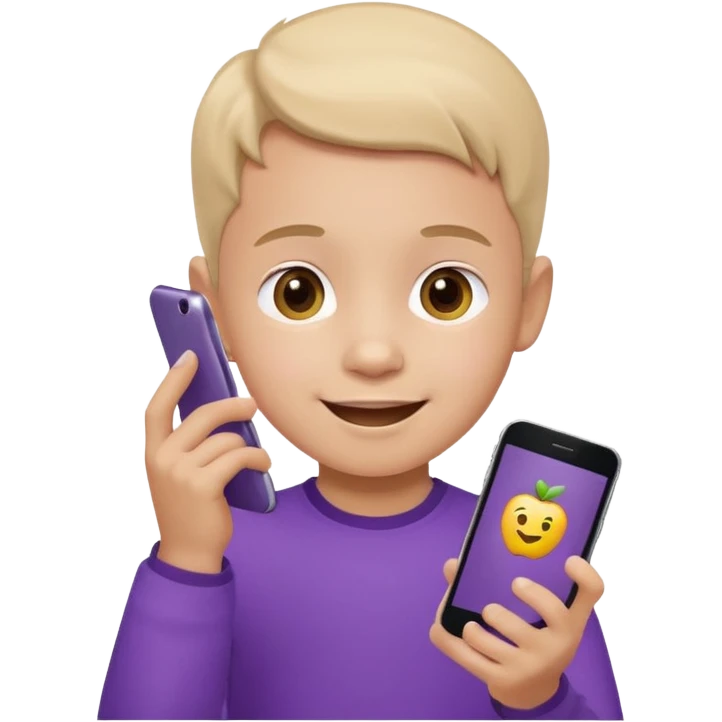 happy little kid with a phone, purple shirt, apple style emoji emoji