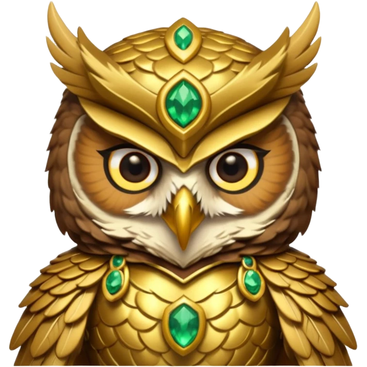owl warrior wearing golden armor embedded with emerald jewels emoji