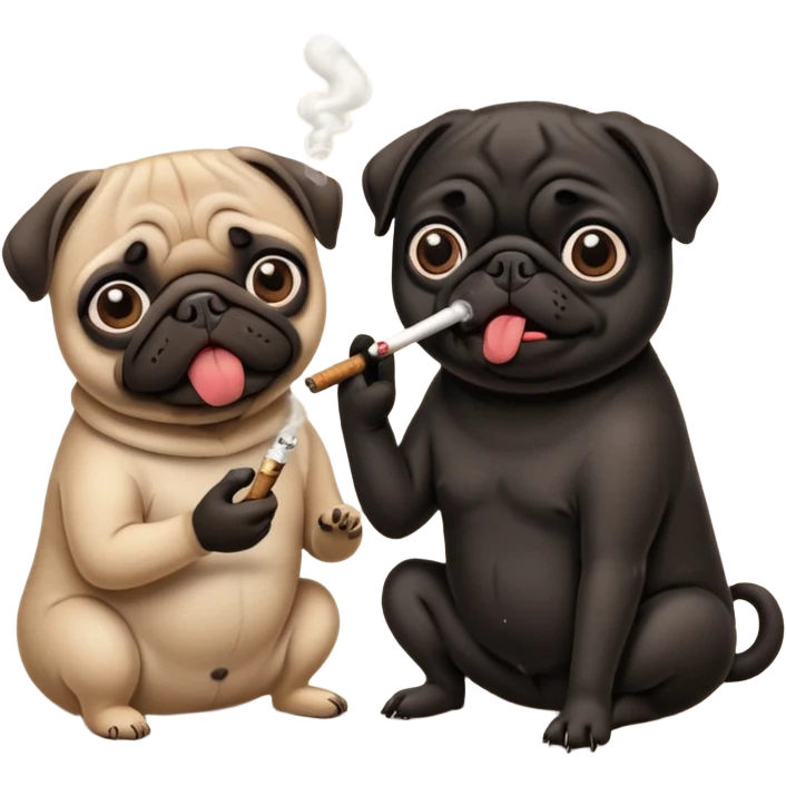 a pug couple, a beige pug and a black pug smoking a Joint emoji
