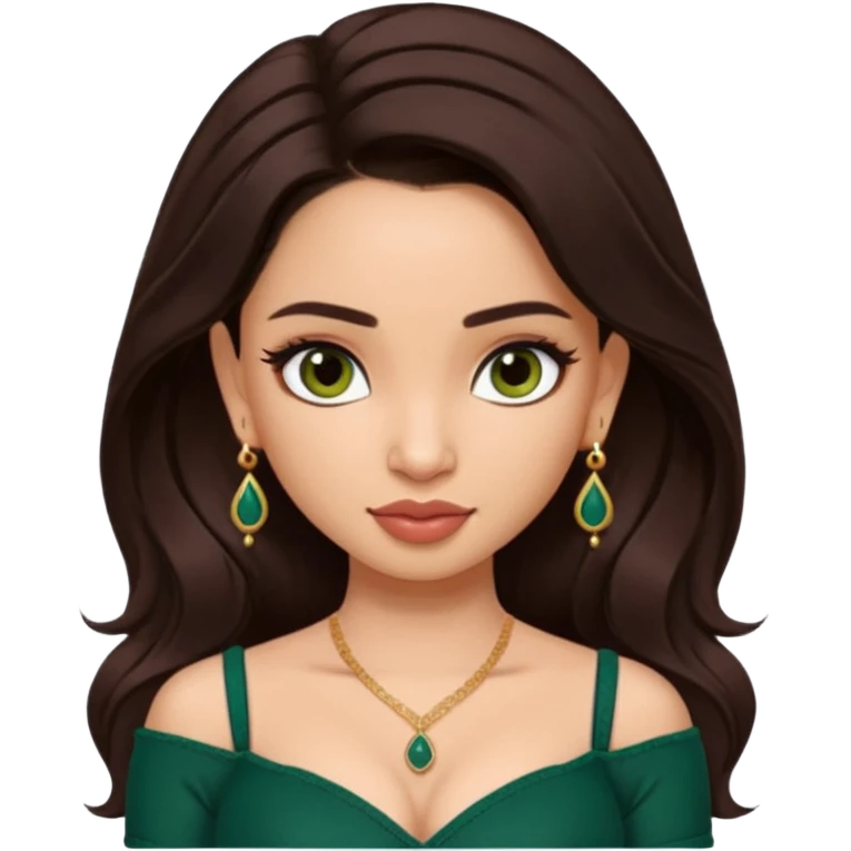 pretty bratz genmoji that looks like tamannah bhatia (bollywood actress), wearing a dark green sweetheart neckline top, dark brown hair, light makeup, no necklace, dangly earrings, side hair part, dark brown eyes, with tattoos emoji