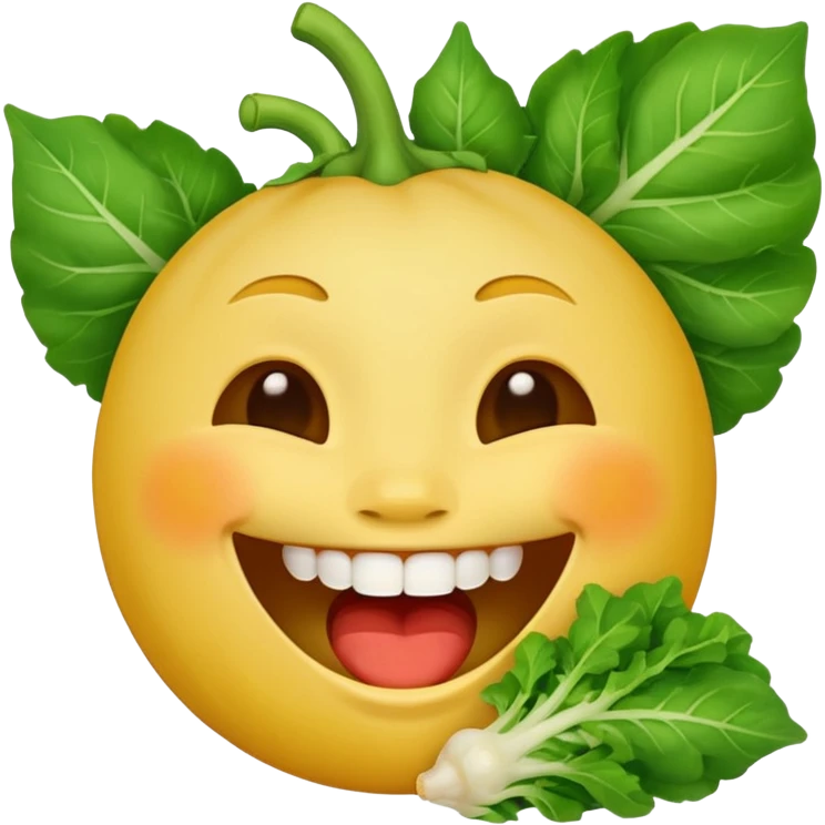 yellow face emoji laughing with vegetable leaf stuck on teeth emoji