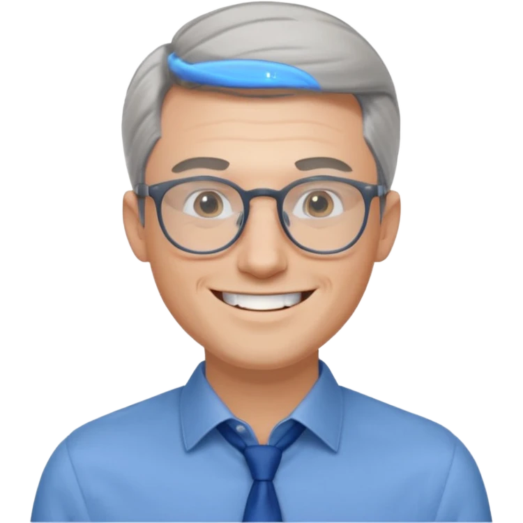 30 yr old pale white man, grey side swept hair, round glasses, big smile, white teeth, handsome, longer hair, thin glasses, blue dress shirt, no tie, stylish hair emoji