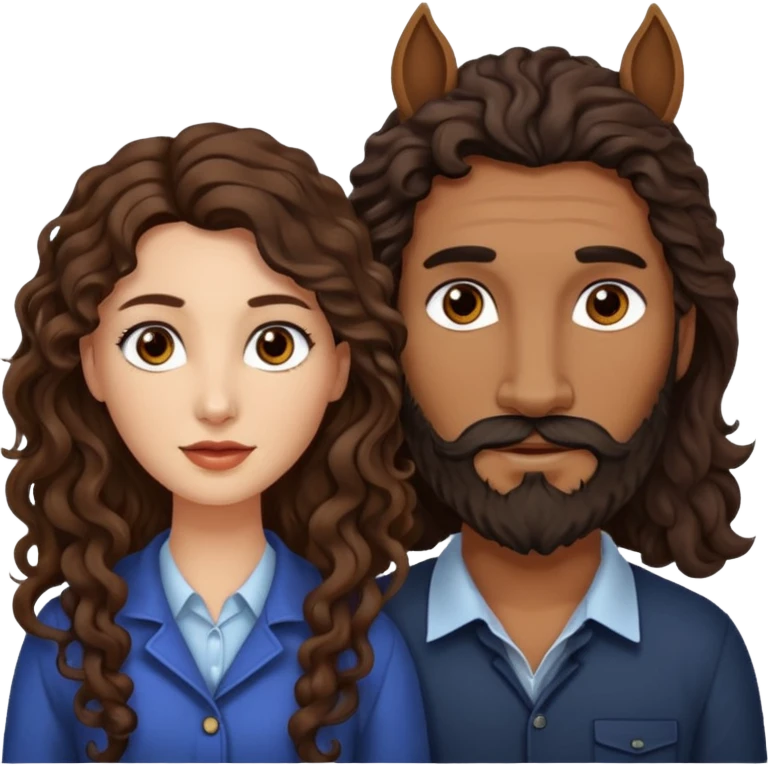 pareja de Mujer morena rizada cabello largo castaño ojos oscuros y hombre piel blanca con caballo oscuro con barba y ojos marrones emoji