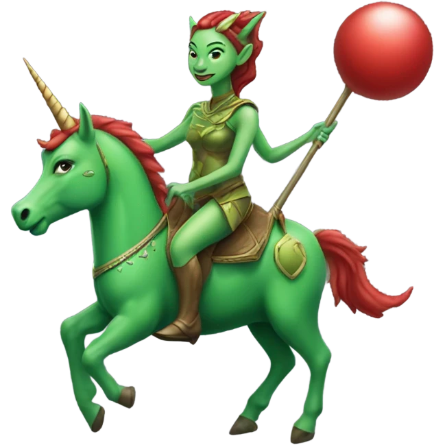 a green amazon alien woman, on a four-legged red unicorn emoji