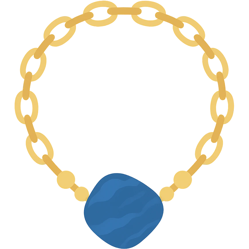 gold chain necklace with a deep blue marbled stone, organic shape, metallic bead accents, elegant and earthy emoji