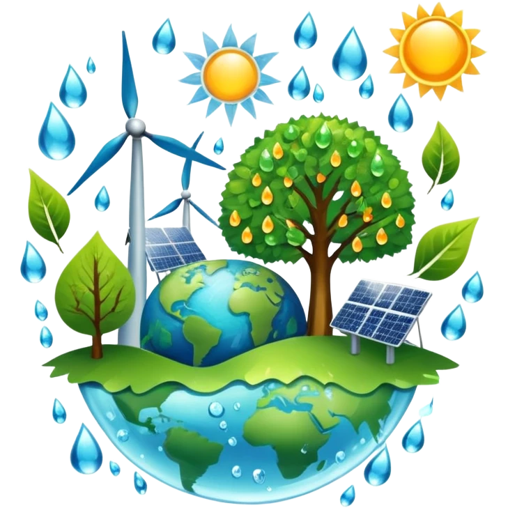 An icon featuring a green Earth, a tree, recycling symbols, and renewable energy sources like wind turbines, solar panels, and hydropower. The design includes animals, water droplets, and the sun, representing ecology, sustainable energy, and environmental protection. Transparent background. emoji