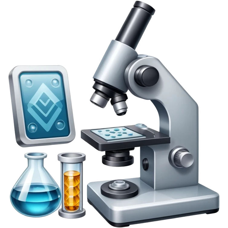 An icon featuring an electronic microscope, a metal alloy, and a crystal structure, symbolizing materials science. The design includes different materials like metals, ceramics, and polymers, alongside a stamp representing testing and quality control. Transparent background emoji