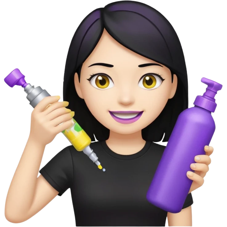 a girl with black hair, black t-shirt, yellow teeth, holding only a purple and silver spray bottle, no other objects, genmoji emoji style, reference the attached can emoji