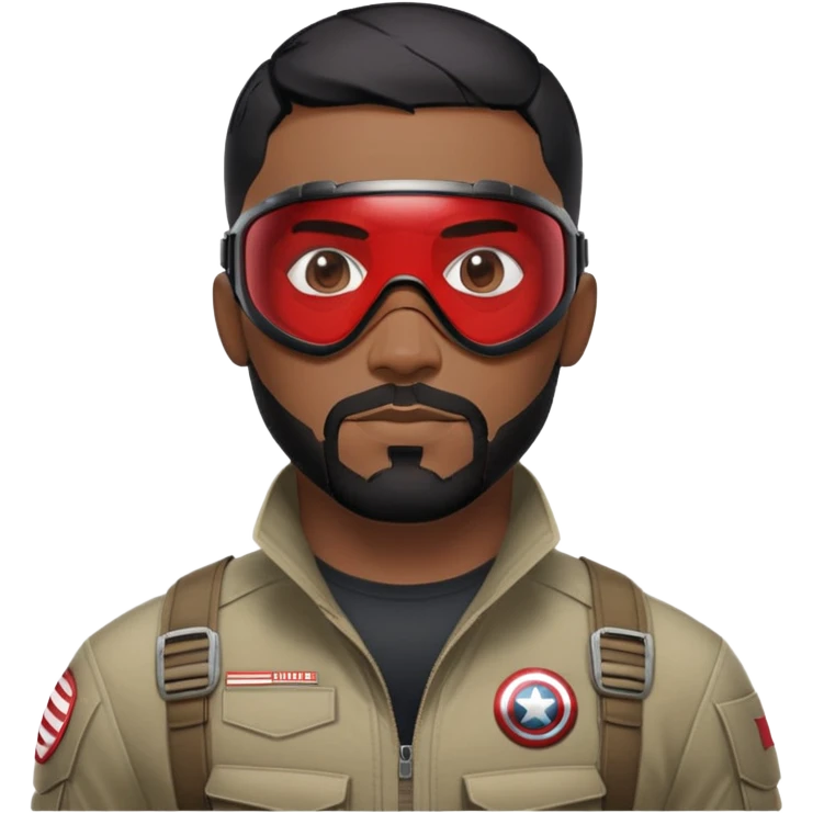 sam wilson have a short, neatly cropped black hair. It is evenly trimmed and close to the scalp, maintaining a clean and military-inspired and  a well-groomed beard that connects to his mustache,  wear sleek, red-tinted tactical goggles fit snugly from captain america: civil war emoji