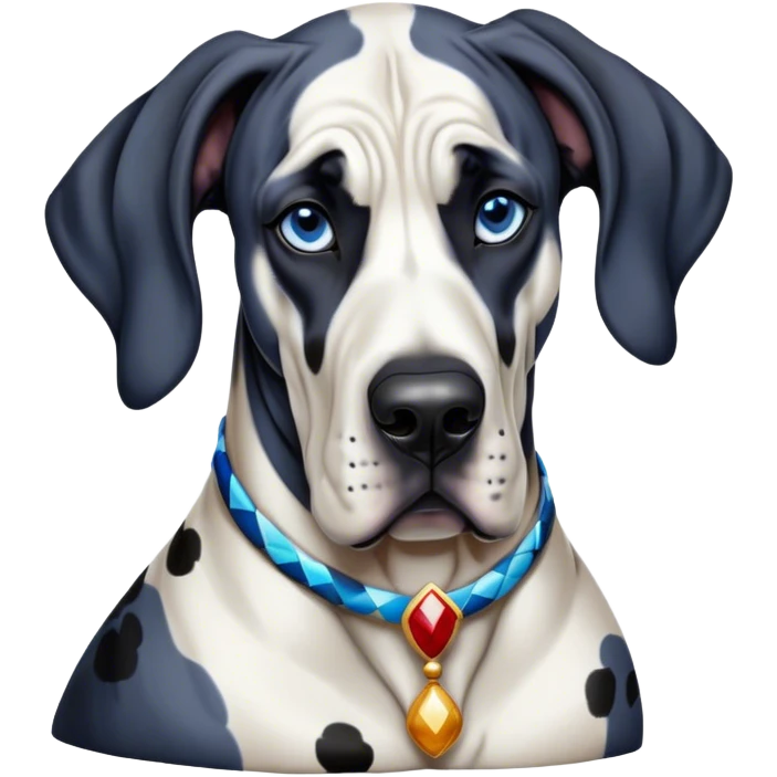 Cinematic Noble Harlequin Great Dane Portrait Emoji, Poised and regal, with a towering, muscular build and a striking coat of predominantly white with bold black patches, deep-set soulful blue eyes, Simplified yet sharp and sophisticated features, highly detailed, glowing with a soft, dignified glow, high shine, intelligent and loyal, stylized with an air of majesty, focused and attentive, soft glowing outline, capturing the essence of a watchful and confident guardian, so majestic it feels as though it could stride out of the screen with effortless authority! emoji