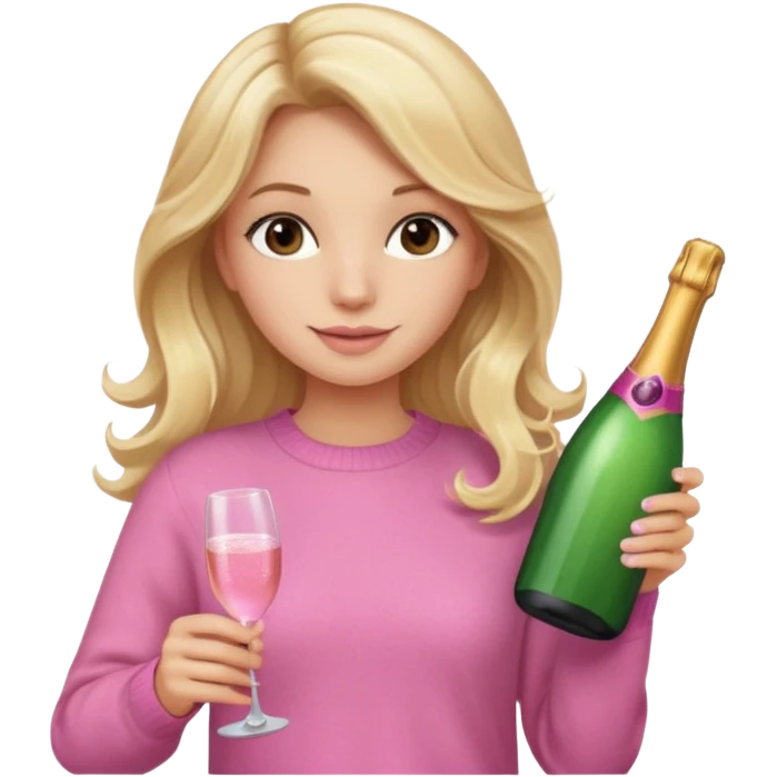 girl with long blonde wavy hair, pink sweater and brown eyes with bottle of pink champagne emoji