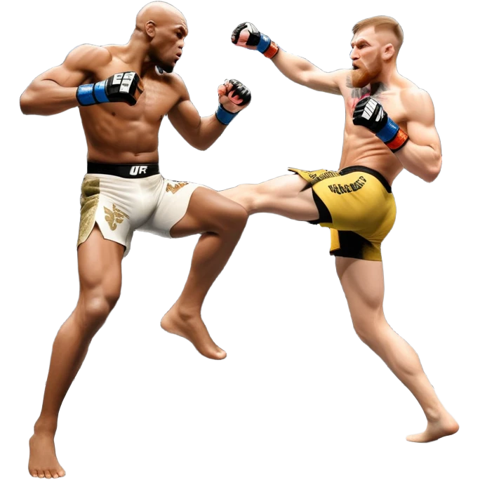 An MMA showdown between Conor McGregor and Anderson Silva in the octagon. McGregor is preparing a striking kick, while Silva is in a defensive stance. The background features the UFC octagon with cheering fans and intense energy. Transparent background  emoji