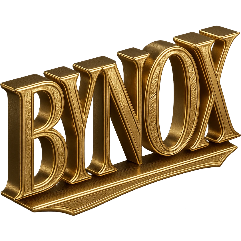 minimal gold and black emoji, 'BYNOX' in center, shiny metallic, premium, 3D, elegant, no background, suitable for Telegram, stylish typography emoji