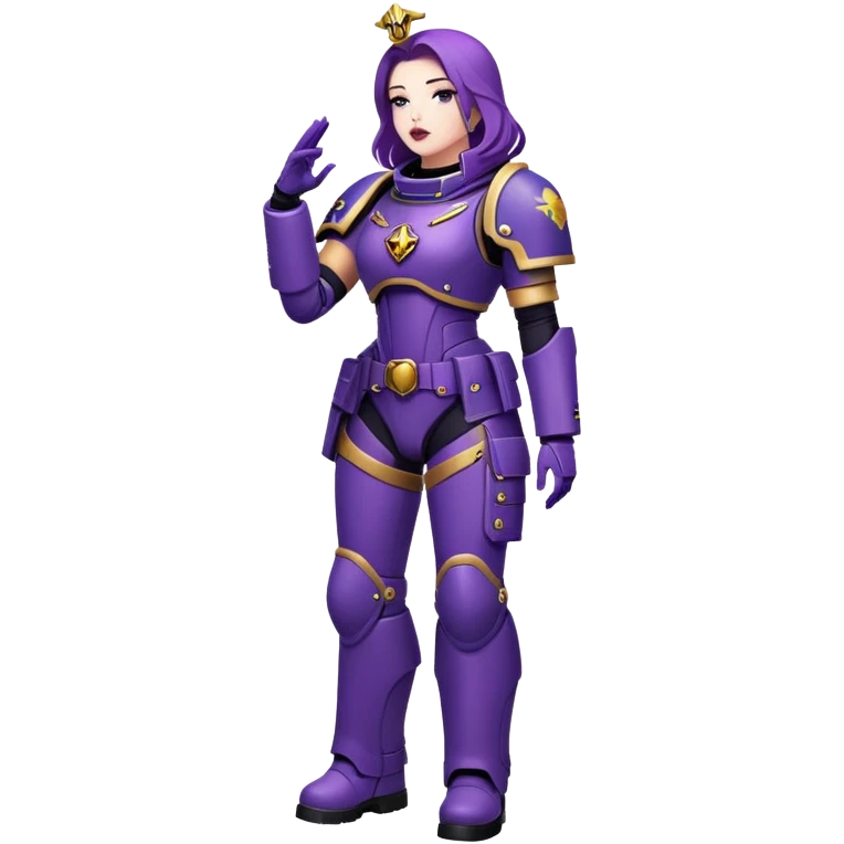 Stunning woman in purple , space marine, full body forward-fashion pose, sending air kiss emoji