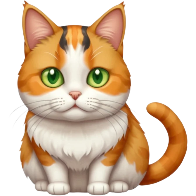 full body calico tabby cat with skinny head and fat body with an anxious face emoji