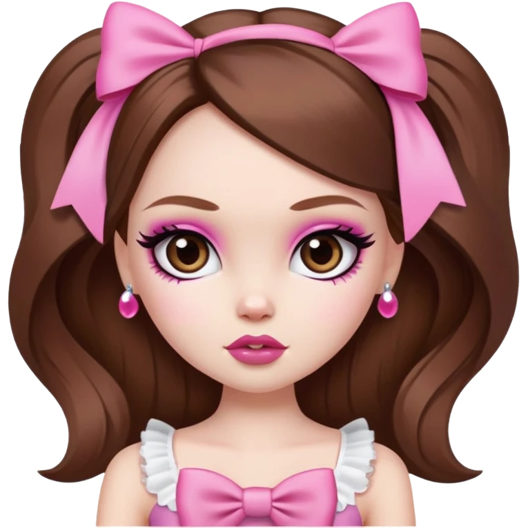 pretty bratz baddie, pale skin, brown hair, pink bow, cute emoji