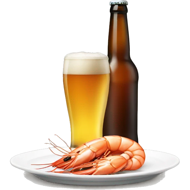 a glass of beer next to a plate of shrimp emoji