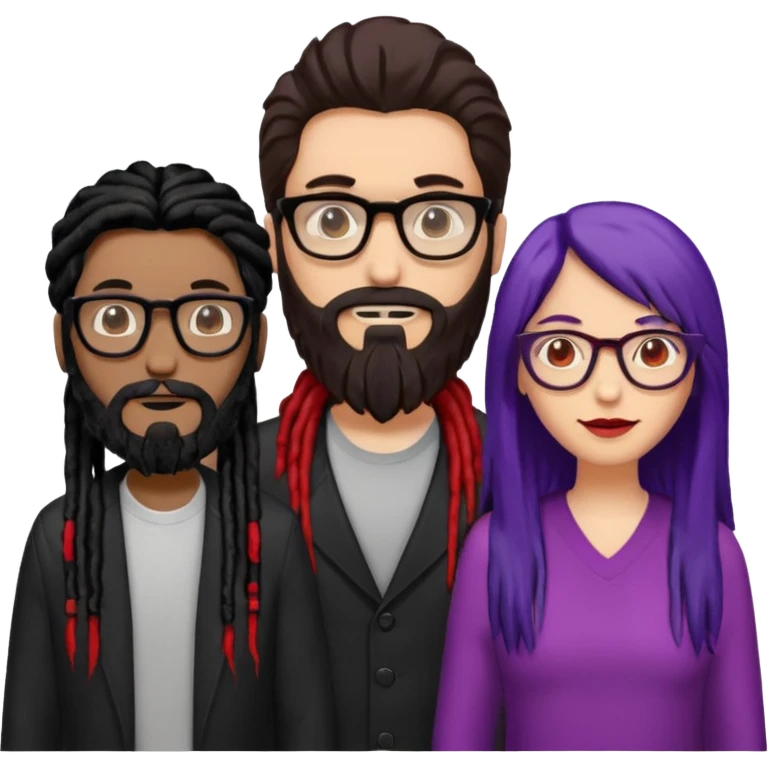 Three people standing together: on the left, a man with long hair, glasses, and a beard; on the right, a man with black dreadlocks with a red accent; in the center, a woman wearing glasses with violet-and-black hair emoji