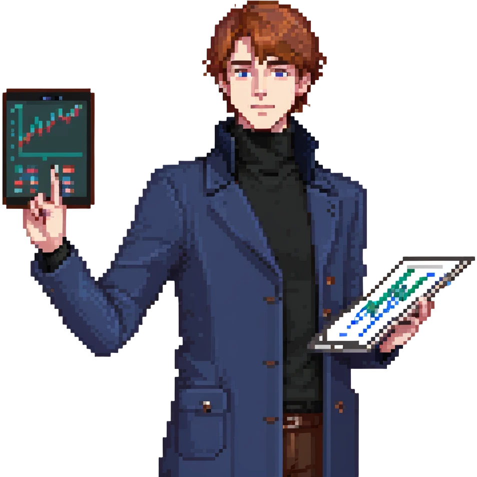 Flat pixel art, bold and charismatic male leader, Caucasian, short auburn hair, sharp eyes, wearing indigo coat over black turtleneck, one arm raised giving direction, holding tablet with graphs, waist-up, front-facing emoji