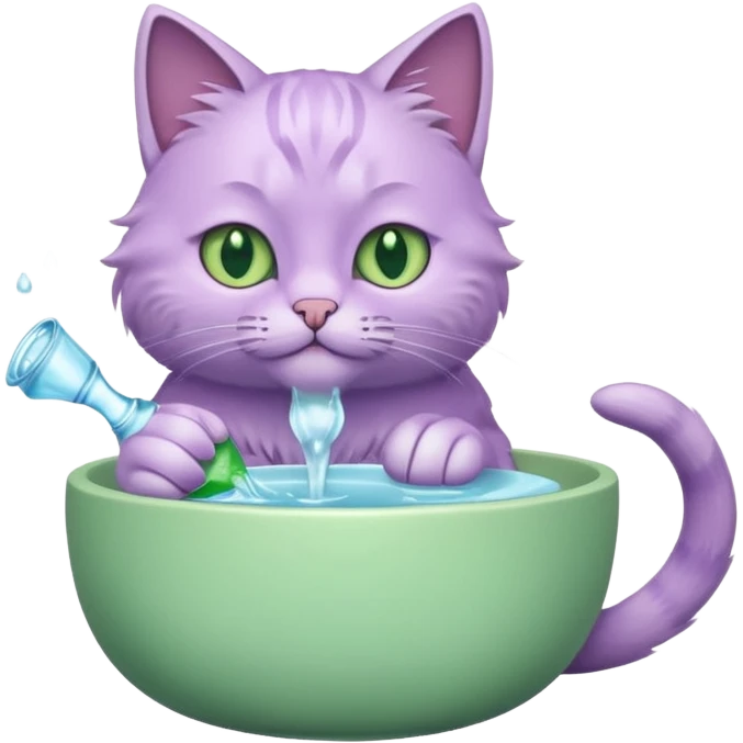 A lilac cat drinks water from a bowl emoji