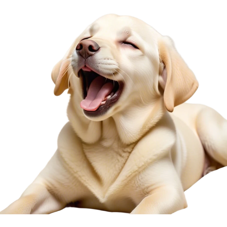 Cinematic Cute Yawning Cream Labrador Portrait Emoji, Head tilted slightly with a dramatic, wide-open yawn, showcasing a smooth cream Fur with a subtle shimmer, floppy ears slightly drooping, round warm eyes barely open in drowsy contentment, Simplified yet irresistibly adorable features, highly detailed, glowing with a soft, cozy glow, high shine, relaxed yet expressive, stylized with a touch of whimsy, bright and endearing, soft glowing outline, capturing the essence of a sleepy yet affectionate companion, so drowsy it feels like it could stretch out of the screen and curl up for a nap! emoji