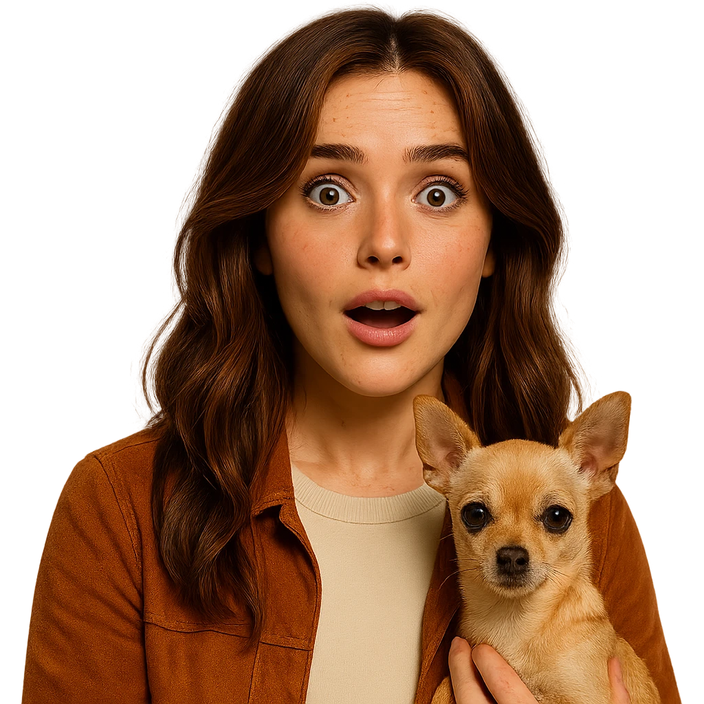 Portrait centered for Instagram profile picture, inspired by the facial features visible in the reference images, with tanned skin and subtle freckles, wearing a shirt color #FFF8CA and a rust-colored jacket, medium-length brown hair with auburn highlights, surprised and amused expression, holding a beige-brown chihuahua, Netflix series style, transparent background, intimate Tenerife ambiance. emoji