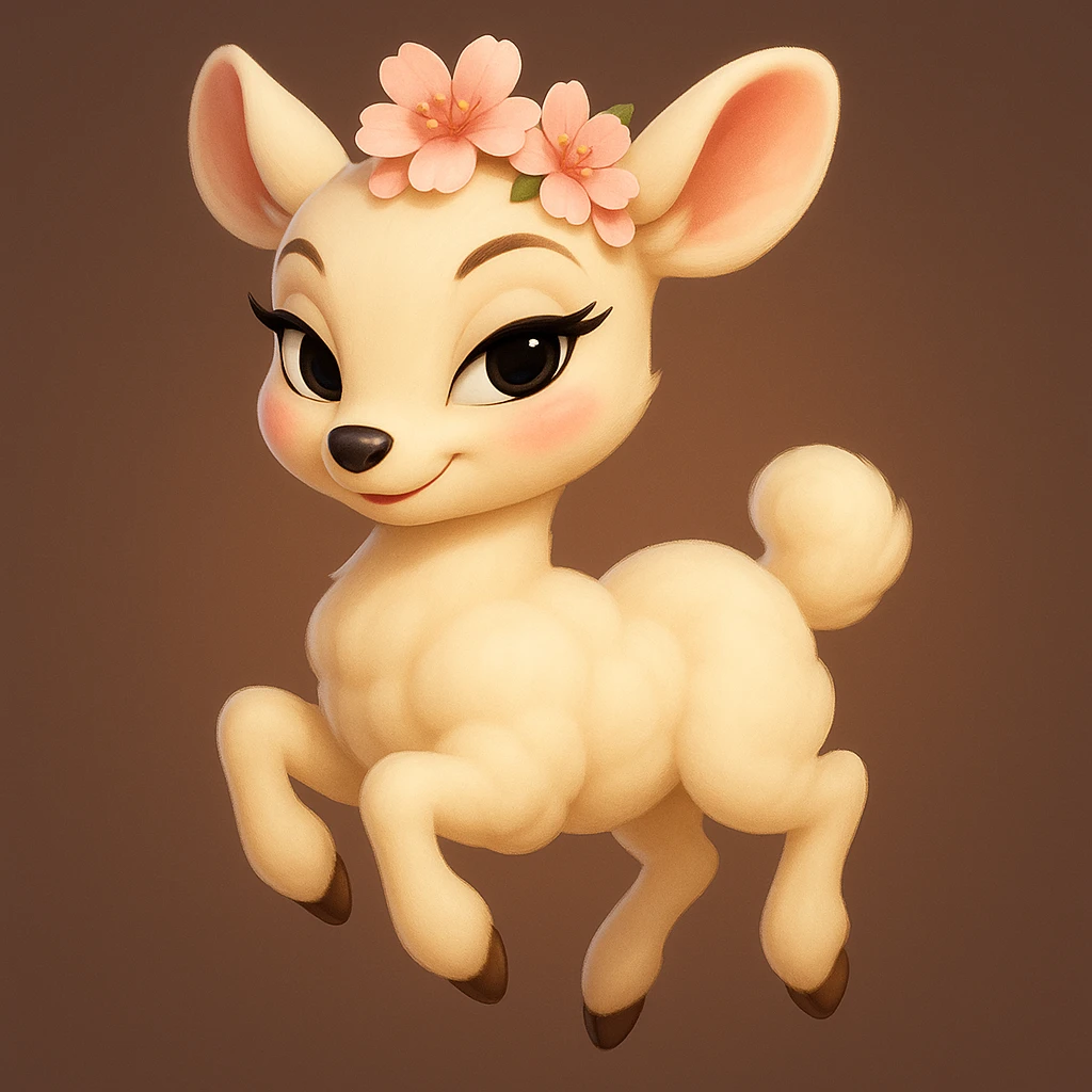 Refine this feminine vanilla cloud doe with rosy cheeks and cherry flowers on its head, floating gracefully, in a Pixar art style. Enhance its appeal as a social media brand mascot by emphasizing confidence, charm, and subtle allure, while keeping it tasteful and suitable for all audiences. Add a touch of brand identity polish. The style should reflect Pixar animation aesthetics. emoji