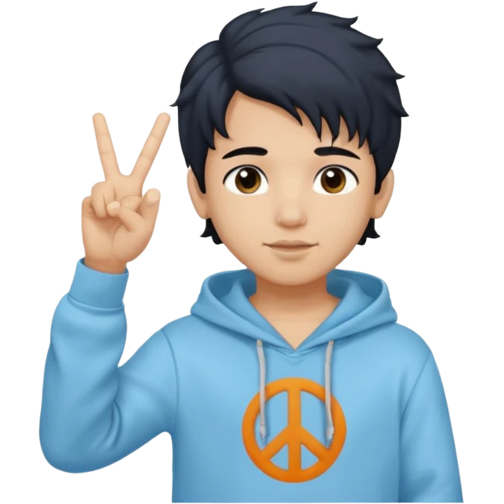 An indian boy in a light blue hoodie with wavy flow hairstyle showing peace sign, with black hair color emoji