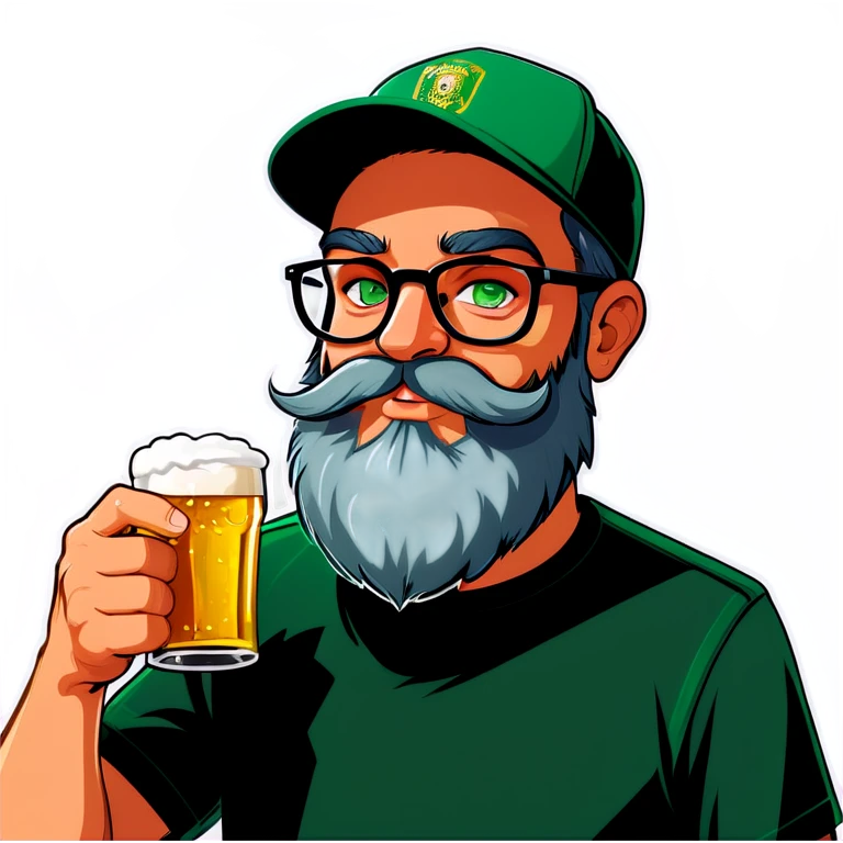 A bold man with a grey baseball cap, green eyes, big beard and glasses, drinking beer emoji