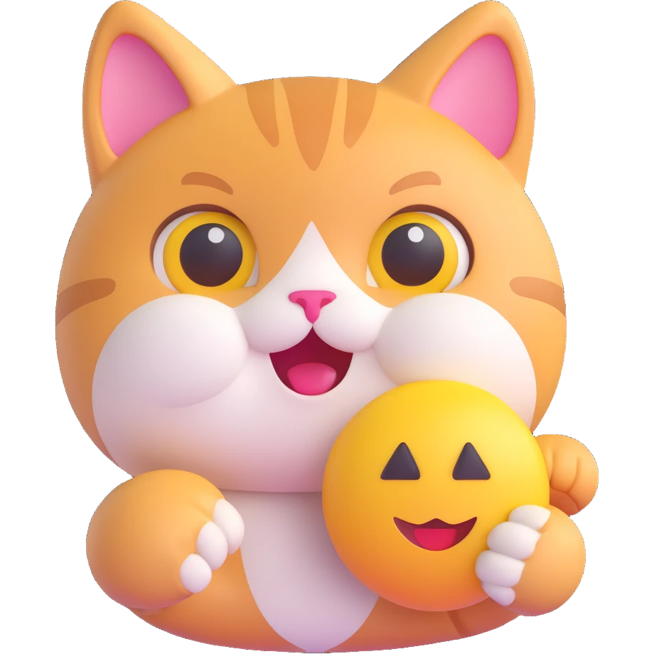 realistic 3D style cute cat holding a 3D emoji, detailed fur texture, shiny eyes, warm and friendly expression emoji
