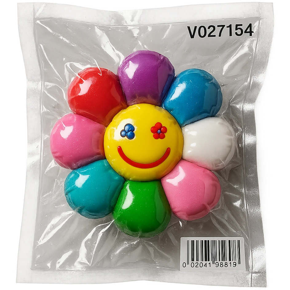 tiny multicolored flowers, shiny and inflated, vacuum-sealed style emoji