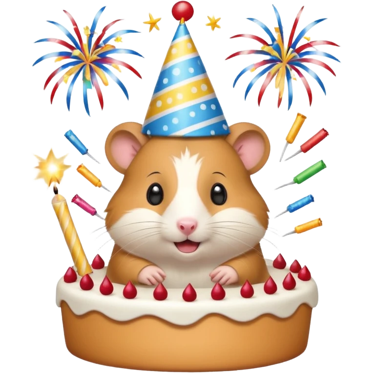 A hamster celebrating a birthday by throwing fireworks in front of a cake. emoji
