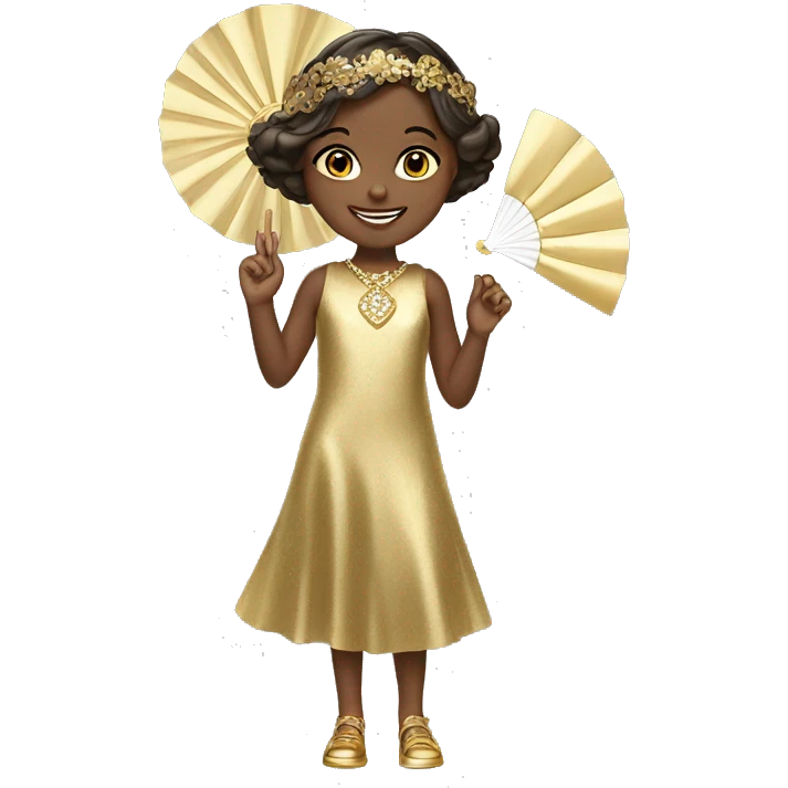 Smiling little girl in a gold Gatsby style dress with a gold piece around her head and a white hand fan emoji