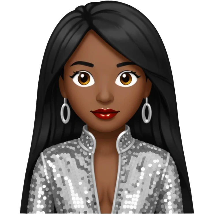 Chilli from TLC with dark skin, long black hair, silver outfit emoji