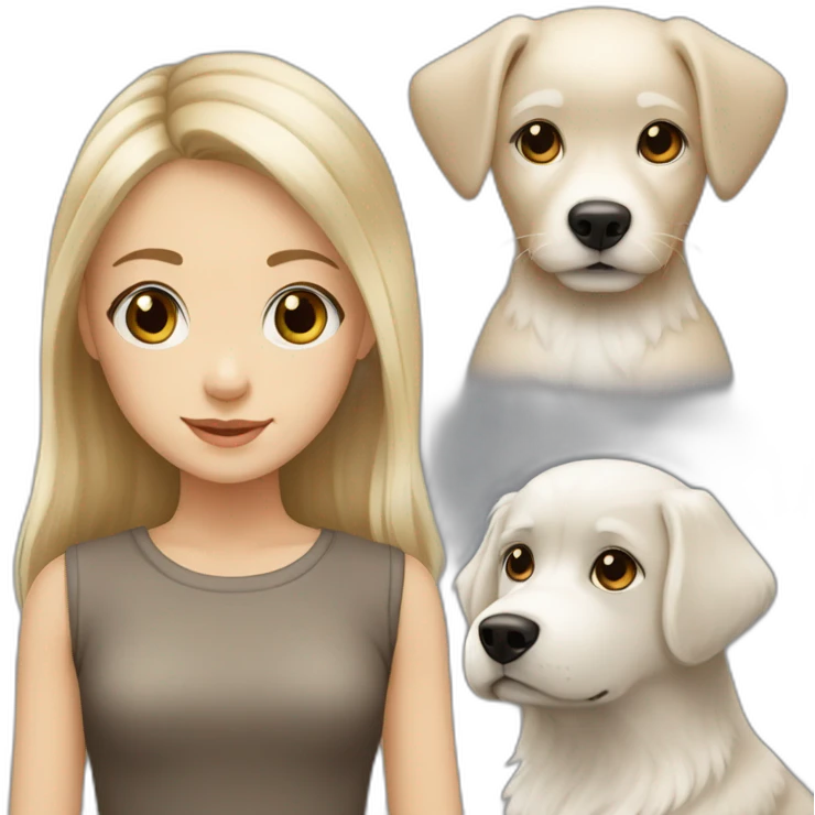 Blonde girl with grey eyes with white fluffy dog with brown eyes emoji