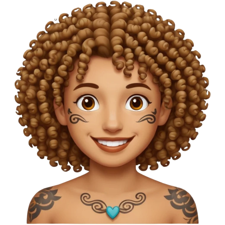 curly haired and face tattoed person with a unique face emoji