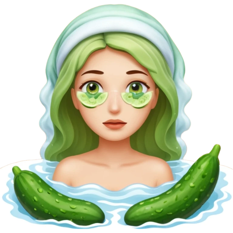Women in steamy room with cucumbers on eyes emoji