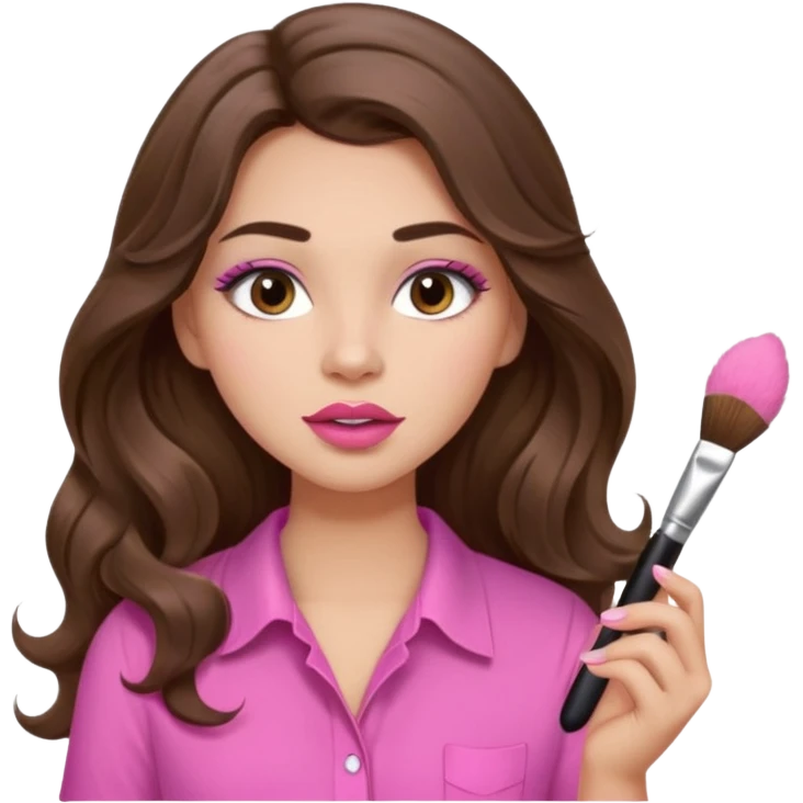girl with long wavy brown hair, brown eyes, light to medium complexion, in a pink shirt, pink lips, long lashes, puckered lips, putting on makeup with a fluffy brush emoji