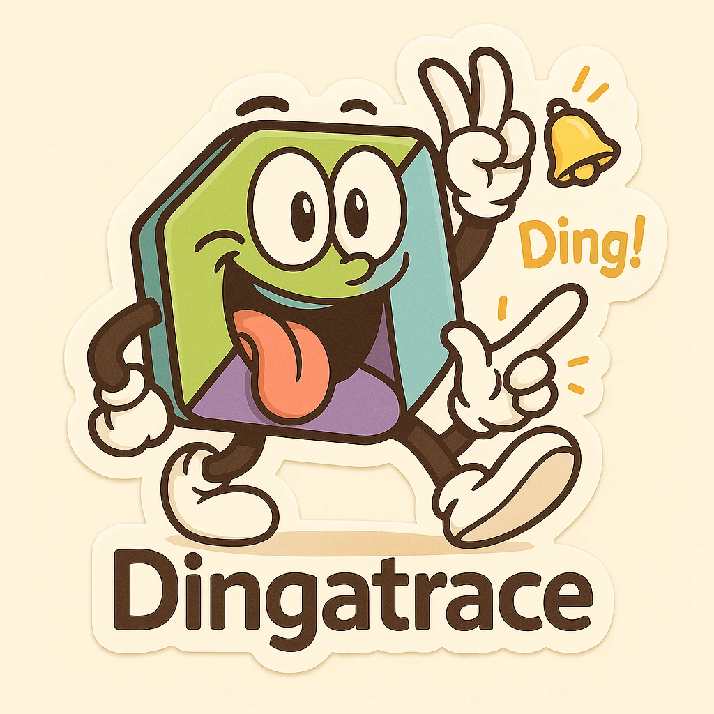 Add playful 'Dingatrace' flair by replacing any Dynatrace text with 'Dingatrace'. Include a ringing bell or cartoon ding sound effect. Maintain the silly cartoon vibe of the mascot. emoji
