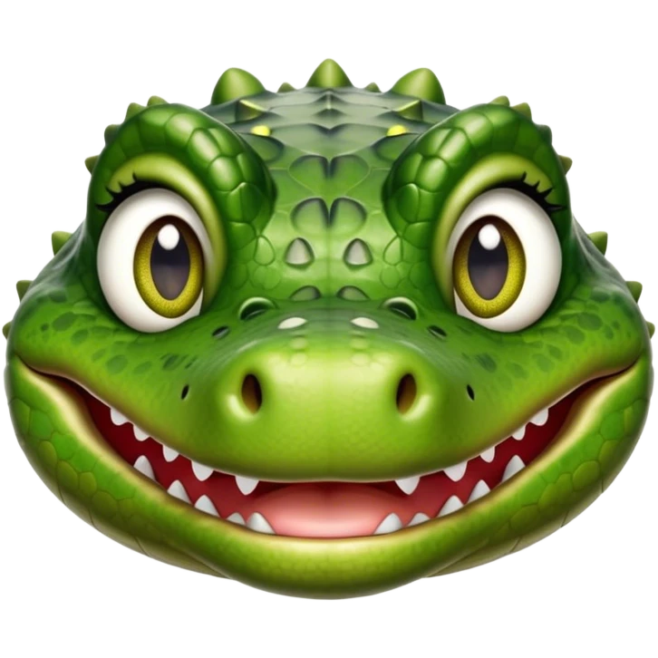 Cinematic Realistic Cute Crocodile Portrait Emoji, Head tilted playfully and inquisitively, featuring a robust, well-defined build with intricately detailed, glossy olive-green scales and a surprisingly endearing face with round, sparkling eyes full of unexpected charm, rendered with lifelike texture and natural highlights, high shine, affectionate and spirited, styled with a touch of wild whimsy, soft glowing outline, capturing the essence of a mischievous yet lovable crocodile that seems poised to snap playfully out of the screen into your arms! emoji