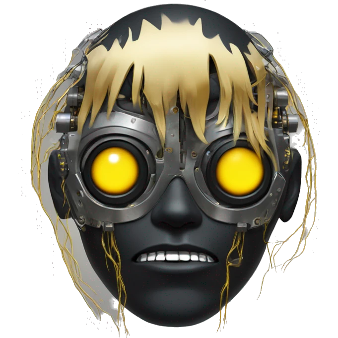 black metal male cyborg head with artificial eyeball, circuitry and wispy yellow gold hair emoji