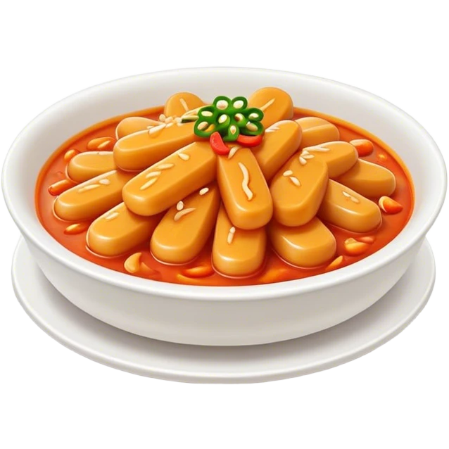 Cinematic Realistic Tteokbokki Dish Emoji, showcasing spicy, chewy rice cakes in a fiery sauce rendered with lifelike detail and bold, dynamic lighting. emoji