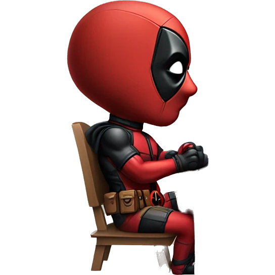 Cute Deadpool sitting at a desk, front view emoji